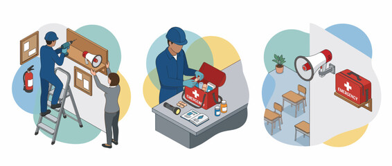 Fototapeta premium Isometric Safety Technicians Installing Emergency Preparedness Kits