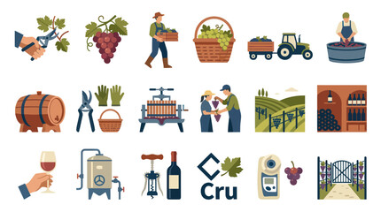 Fototapeta premium Winemaking and Viticulture Flat Vector Icons Set. Grape Harvesting, Wine Production Process, Winery, Vineyard Illustrations.