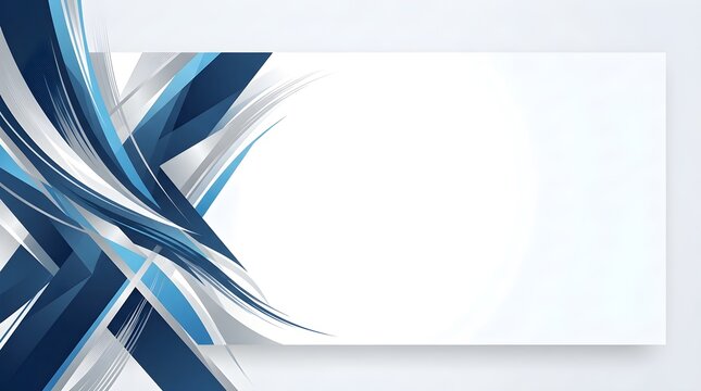 A modern abstract design features dynamic, overlapping geometric shapes and waves in dark blue and silver tones arranged on the left side of a clean white presentation banner