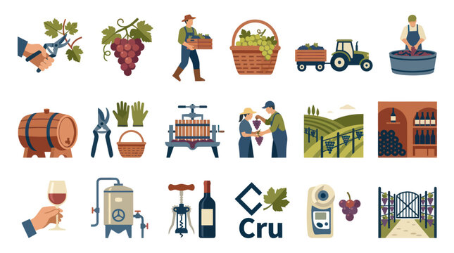 Winemaking and Viticulture Flat Vector Icons Set. Grape Harvesting, Wine Production Process, Winery, Vineyard Illustrations.