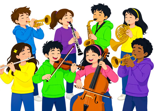Group of talented children playing instruments in youth orchestra vector illustration