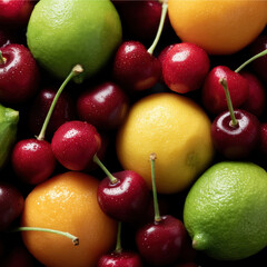 Obraz premium Fresh cherry lime orange fruit top view, vibrant colors, juicy texture, summer mood, healthy snack, natural food, closeup