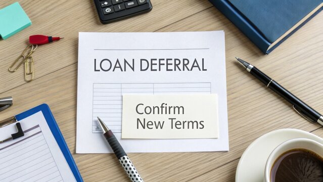 Loan Deferral Document with Confirm New Terms on Desk Surrounded by Office Supplies and Coffee Cup for Financial Planning