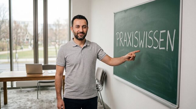 L&auml;chelnder Mann mittleren Alters zeigt in einem Schulungsraum auf das Wort Praxiswissen an einer Tafel