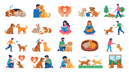 Fototapeta premium Pet Ownership Animal Love Flat Vector Illustrations: People Caring for Dogs, Cats Small Mammals