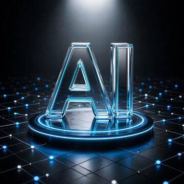 Futuristic glass AI letters on digital network background