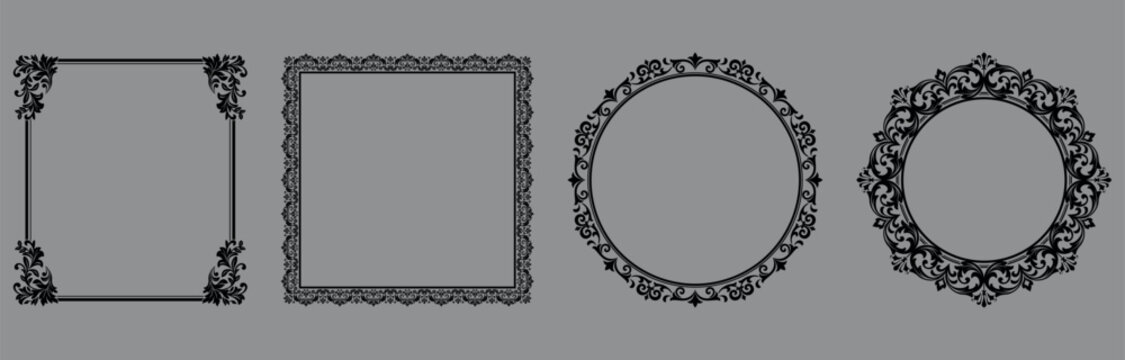 Set of decorative frames Elegant vector element for design in Eastern style, place for text. Floral black and gray frames. Lace illustration for invitations and greeting cards