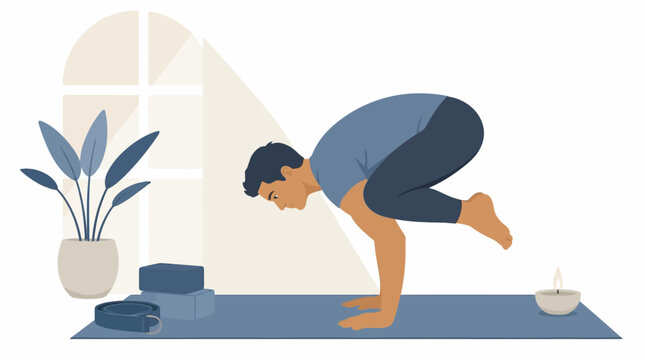 Man performing yoga crow pose on mat indoors.