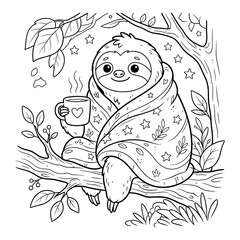 Fototapeta premium Cozy sloth on tree branch with hot drink coloring page