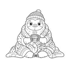 Fototapeta premium Cute sloth in winter hat and blanket holding hot drink