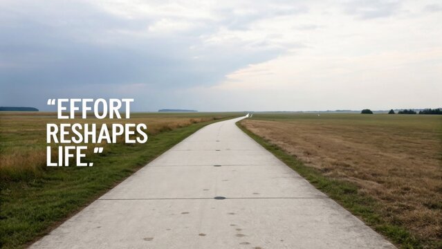 Inspiring road view with motivational quote illustrating effort transformation in life journey amid nature and tranquility