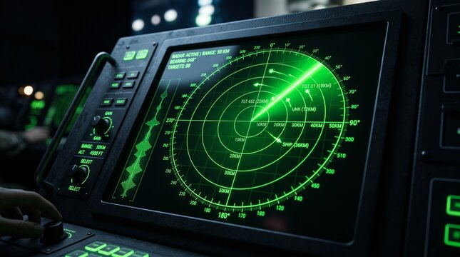 Green glowing radar screen grid terminal on submarine control panel for navigation sonar scanning