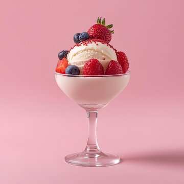 A luxurious scoop of creamy vanilla ice cream topped with fresh strawberries, raspberries, blueberries, and shimmering edible glitter sprinkles, served in an elegant polished Nirosta coupe dessert