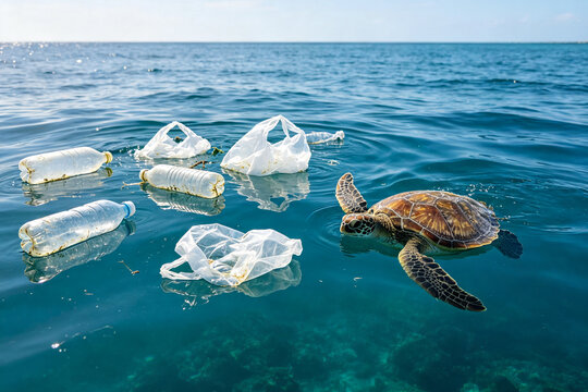 Sea turtle swims amid floating plastic bags and bottles polluting clear turquoise ocean water.