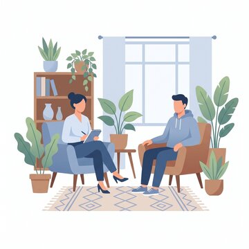 Therapy Session: A calming illustration depicts a therapy session where a counselor guides a patient through a conversation, surrounded by abundant houseplants in a serene room.