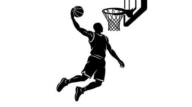 Basketball player dunking vector. Sport athlete slam dunk silhouette. Action pose with hoop and ball. Monochrome dynamic graphic design. isolated on Transparent Background