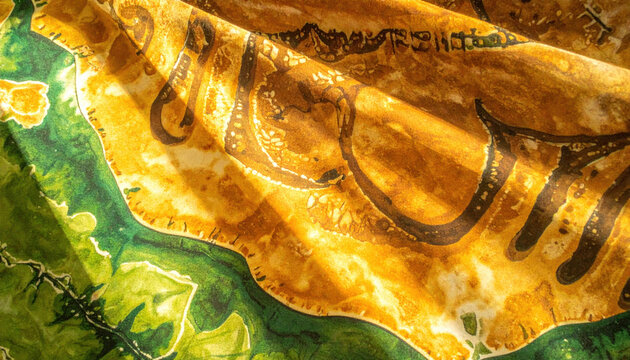 Handcrafted batik fabric surface with intricate patterns warm yellow and green tones, showcasing traditional textile art with vibrant colors
