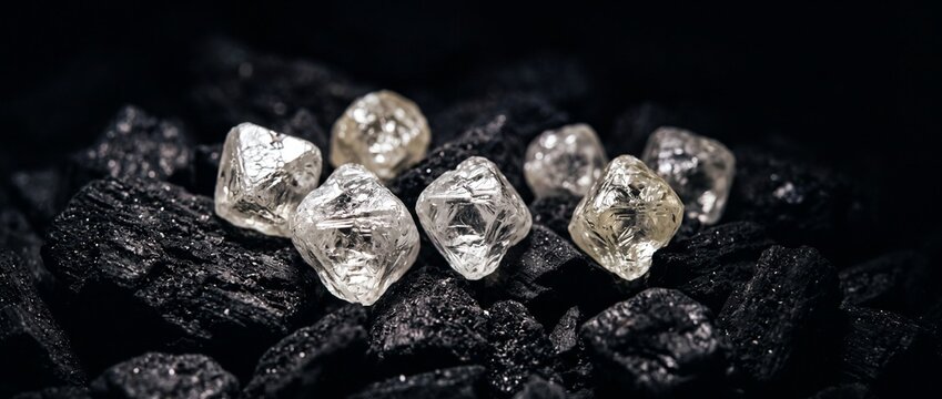 Raw rough uncut diamonds on black coal pieces precious gemstones natural resource for jewelry and industrial applications extreme close up
