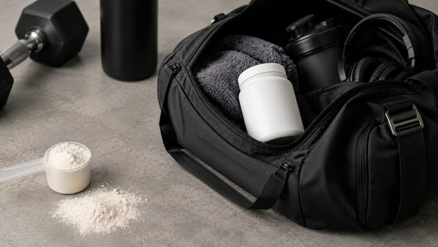 Supplement bottle in gym bag with protein powder scoop