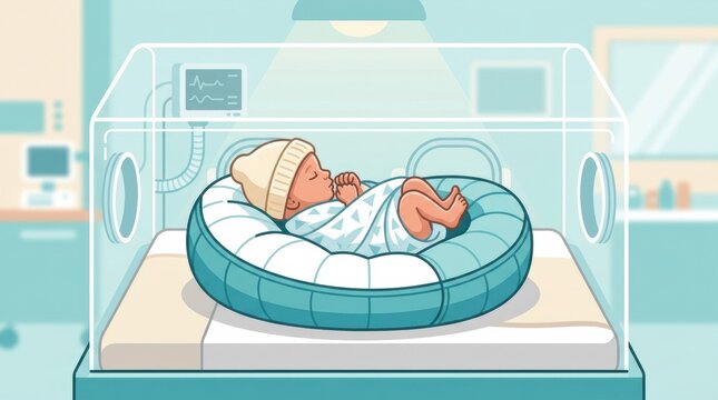 A premature baby rests inside an incubator in a neonatal intensive care unit. Medical equipment surrounds the infant, providing vital support.