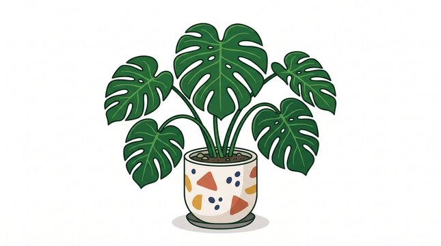 Potted monstera deliciosa houseplant vector illustration with abstract terrazzo pattern pot