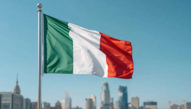 Italian flag waves in a bright blue sky. City skyline stands softly blurred in background. Vibrant green, white, and red colors show bold national pride. Ideal for global events, cultural projects