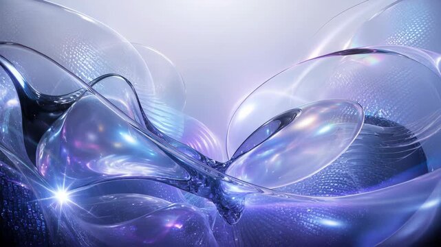Iridescent liquid glass flowing in motion. Holographic amorphous shapes morphing with light reflection. Abstract digital background for futuristic design concept