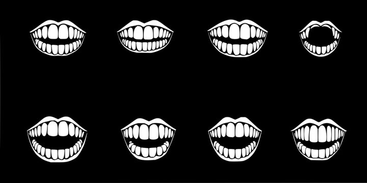 Teeth set with six minimalist dental illustrations arranged in a 2x3 grid against solid black background featuring teeth, expression, shape with line art and illustration