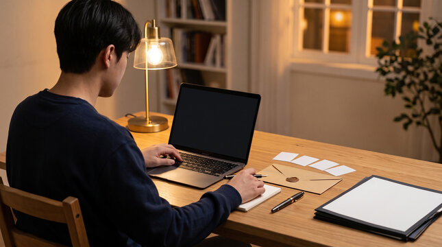 Student Working On Laptop At Desk With Lamp
