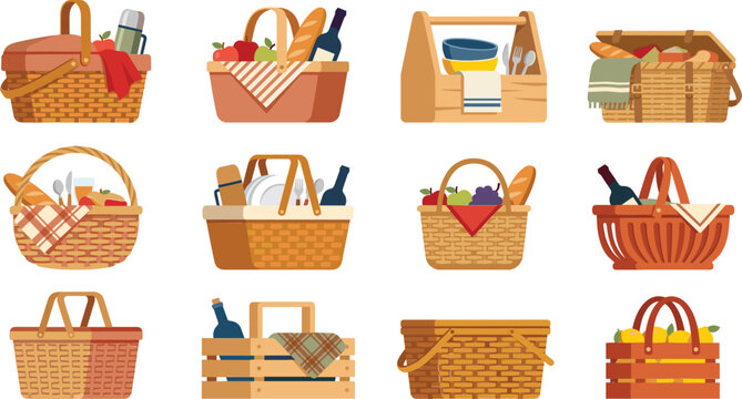 Summer picnic baskets vector illustration set featuring wicker hampers and wooden crates packed with food