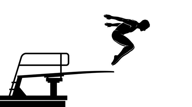 Black silhouette of a person jumping off a diving board, diving icon, swimming illustration, sports graphics isolated on Transparent Background