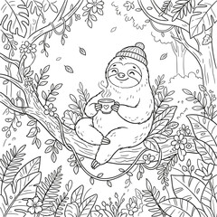 Fototapeta premium Cute sloth in beanie drinking hot beverage on tree branch coloring pag