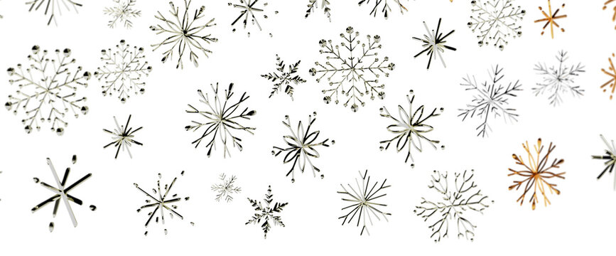 Beautiful abstract snowflake patterns in silver on white background for holiday design