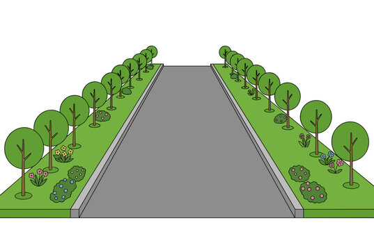 Empty urban road lined with trees and flowers Concept of green city boulevard