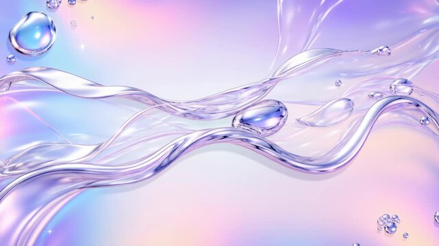 Metallic liquid ribbons flowing in iridescent waves. Abstract silver fluid moving through holographic space. Dynamic glossy shapes with light reflection concept