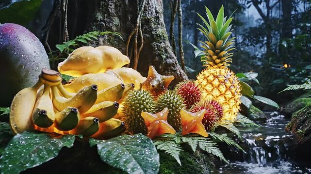 Vibrant tropical fruits arranged on lush green leaves beside a serene forest stream