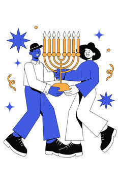 Hanukkah, Jewish holiday, menorah, dancing people, festive vector illustration