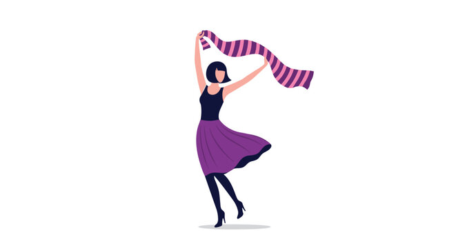 Elegant woman wearing a purple skirt and black top dancing joyfully while holding a long striped scarf in her hands.
