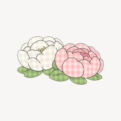 Obraz premium Cute white and pink plaid flowers with green leaves on a clean background