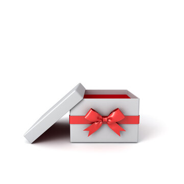 Blank open white present box products display mockup or empty gift box with red ribbons and bow isolated on white background with shadow and blank space minimal conceptual 3D rendering