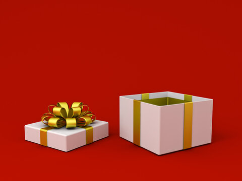 Blank white gift box mockup exhibition booth products display mockup or opened present box tied with gold ribbon bow isolated on dark red background with shadow creative idea conceptual 3D rendering
