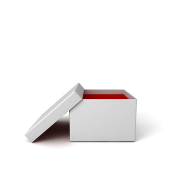 Blank white open cardboard box with red inside isolated on white background with shadow 3D rendering