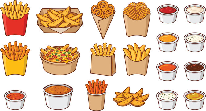 French fries and dipping sauce vector icon set for fast food restaurant menu layout designFrench fries and dipping sauce vector icon set for fast food restaurant menu layout design