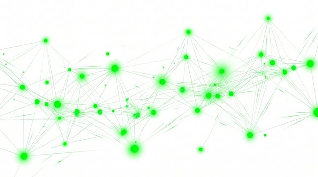 Network nodes and connections in a plexus formation with depicts complex network interconnected green nodes lines white background communication