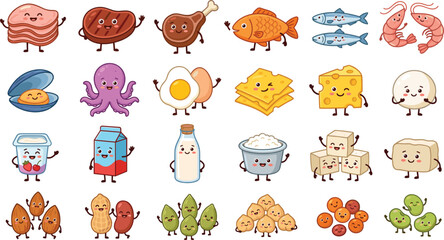 Obraz premium Cute high protein food sources vector icon set with kawaii meat, seafood, dairy and nutsCute high protein food sources vector icon set with kawaii meat, seafood, dairy and nuts