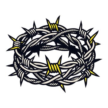 Graphic illustration of a circular crown made of sharp barbed wire symbolizing pain and protection on white