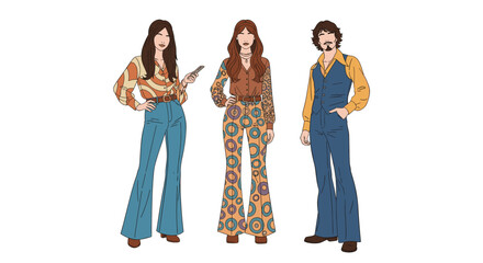 Fototapeta premium Group of stylish people dressed in retro 1970s fashion including bell bottom jeans patterned shirts and colorful vintage outfits.