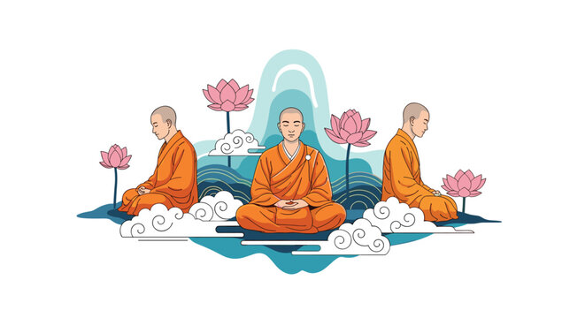 Buddhist monks meditating in a peaceful state on floating clouds surrounded by pink lotus flowers and a calming blue background.