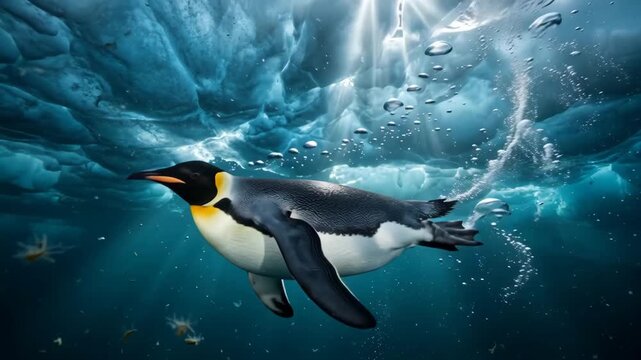 Slow motion video of an emperor penguin swimming gracefully underwater beneath Antarctic ice shelf with bubbles and sun rays