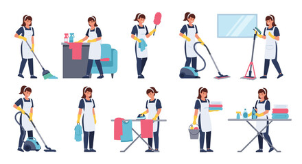 Fototapeta premium Collection of professional cleaning lady characters performs various household chores like vacuuming, mopping, and ironing for domestic service.
